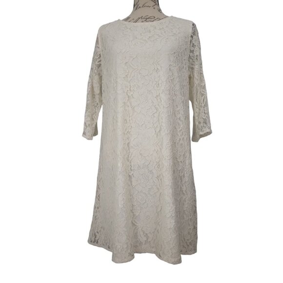 NWT Caroline Rose | Lace Round Neck 3/4 Sleeve Shift Dress Ivory | Size S - Picture 3 of 13